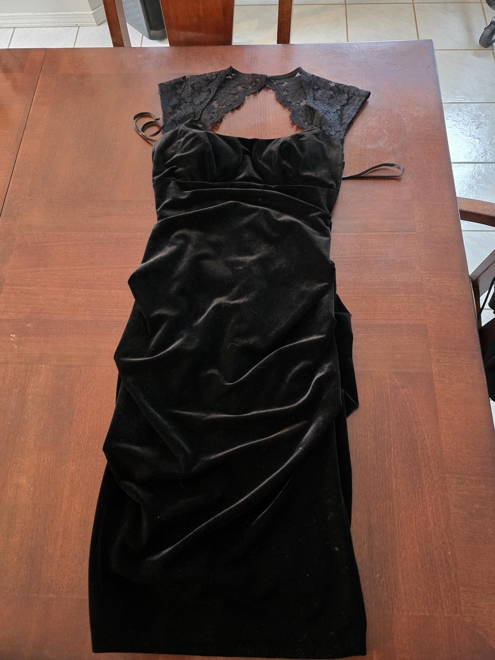 Cache Black Velvet Midi Dress with Lace Yoke